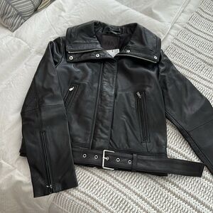 ZARA 100% LEATHER BOMBER JACKET ZW COLLECTION 5479/263 BLACK FAUX FUR SMALL XS